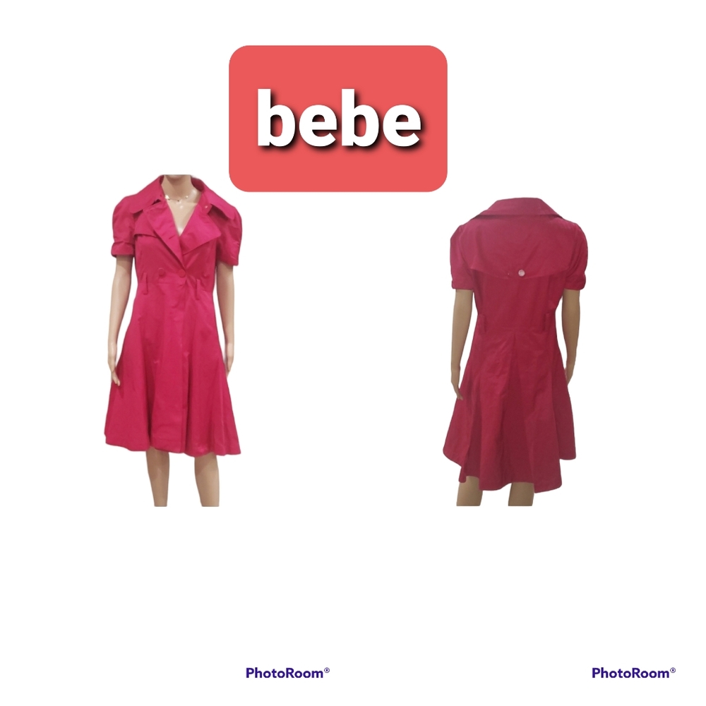 Bebe M trench dress puff sleeve pleated skirt wind break back panel pockets